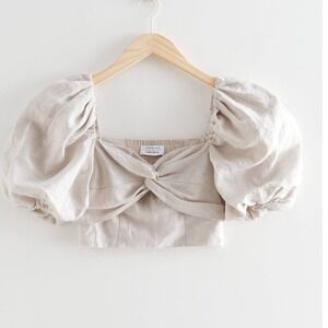 & Other Stories Puff Sleeve Top Beige Linen Blend Smocked Bodice Crop Top